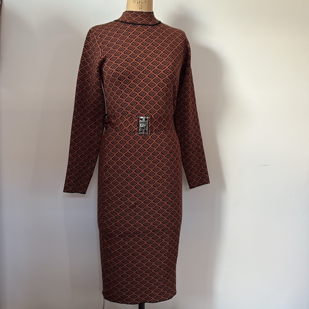 Say What? Copper & Black Knit Belted Mock Neck Monogram Print Dress fits S 4-6